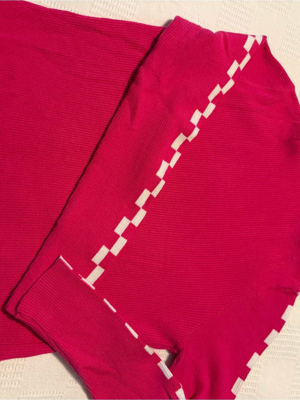 Women’s Hot Pink Knit  mock turtleneck with White Checker Trim